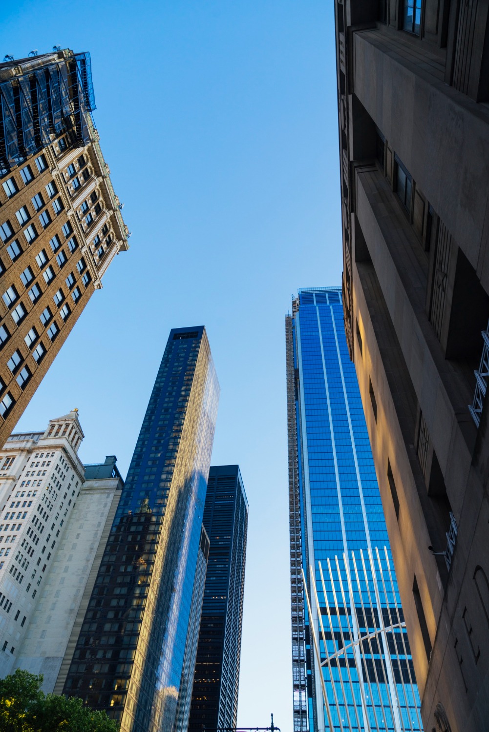 view of New York City skyscrapers from ground level